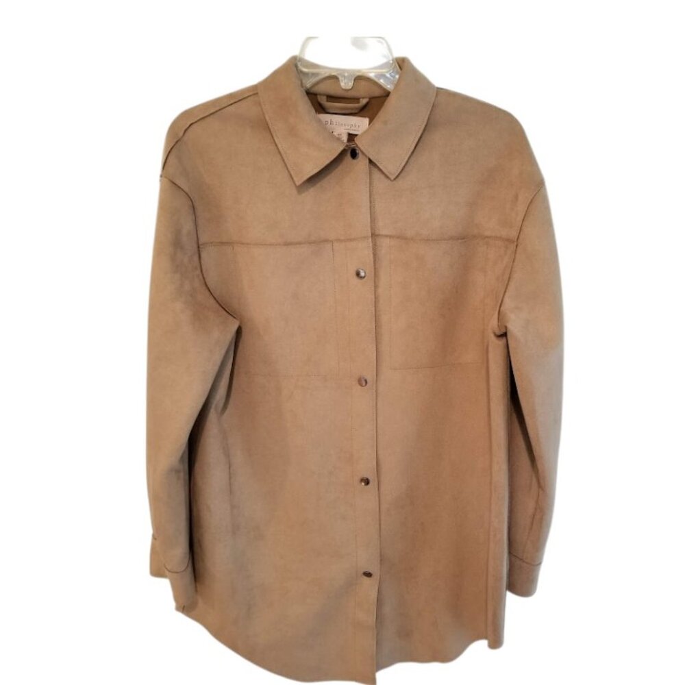 Philosophy Sm Tan Khaki Brown Faux Leather Suede Shirt Jacket, Long Snap Front